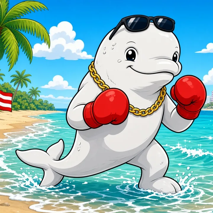 #013 The Condado Bad Boy: a cartoon beluga in red boxing gloves, a gold chain and shades, shadowboxing in the surf at Condado Beach, San Juan