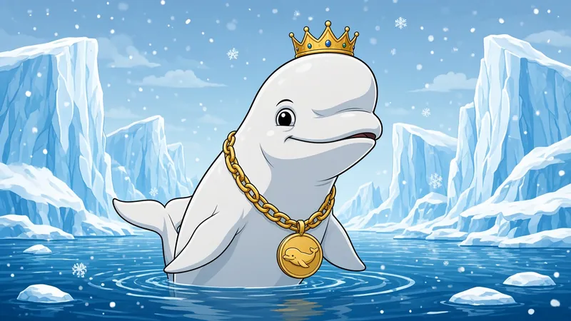Cartoon beluga wearing a gold crown and a gold chain with a beluga medallion, surfacing between glaciers in the snow