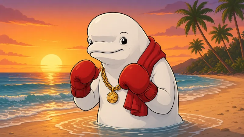 Cartoon beluga in red boxing gloves, a gold star chain and a red towel, gloves up in the shallows on a palm-lined beach at sunset