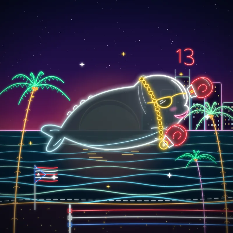 #013 The Condado Bad Boy in neon line art: red boxing gloves, a gold chain and gold shades at a Condado Beach sunset