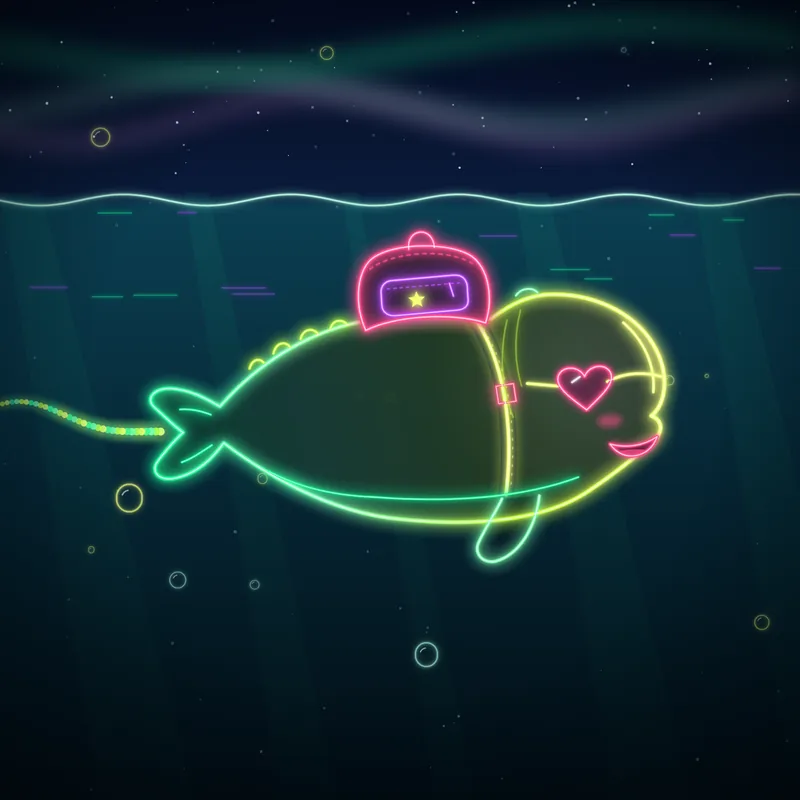 Big Belugas #046 Bubbles the Wanderer in neon line art