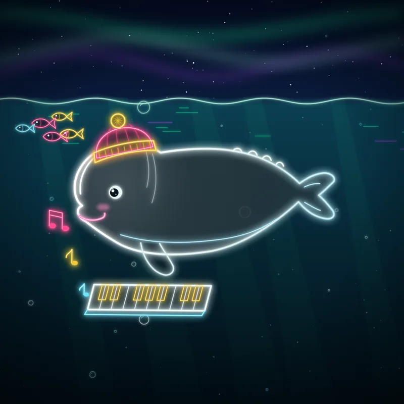 Big Belugas #065 Hazel the Pianist in neon line art